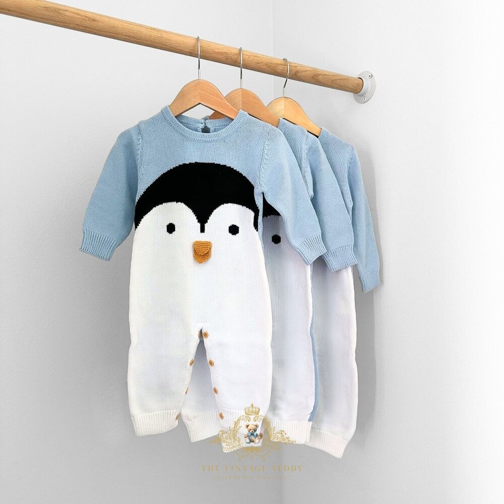 NWT Cute Kids Knit Sweater One-piece Bodysuits Romper Penguin Baby Blue 6-12M - Picture 1 of 3